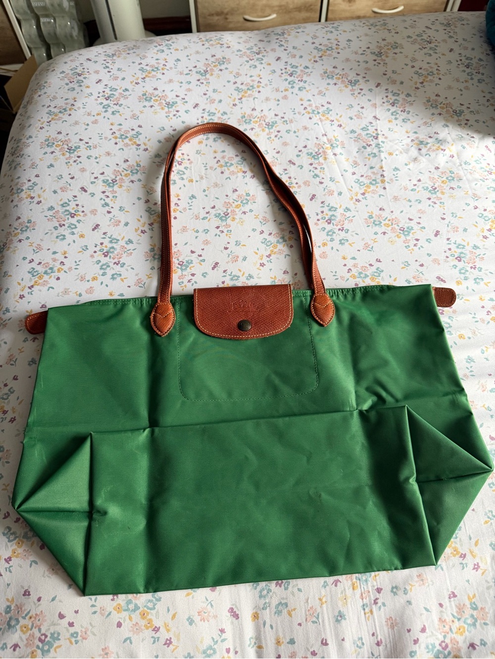 Longchamp Green Tote with Brown Leather Trim